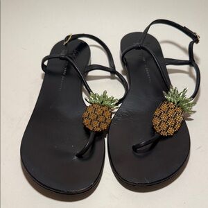 Giuseppe Zanotti Pineapple Black Leather and Crystal Flat Sandals 37